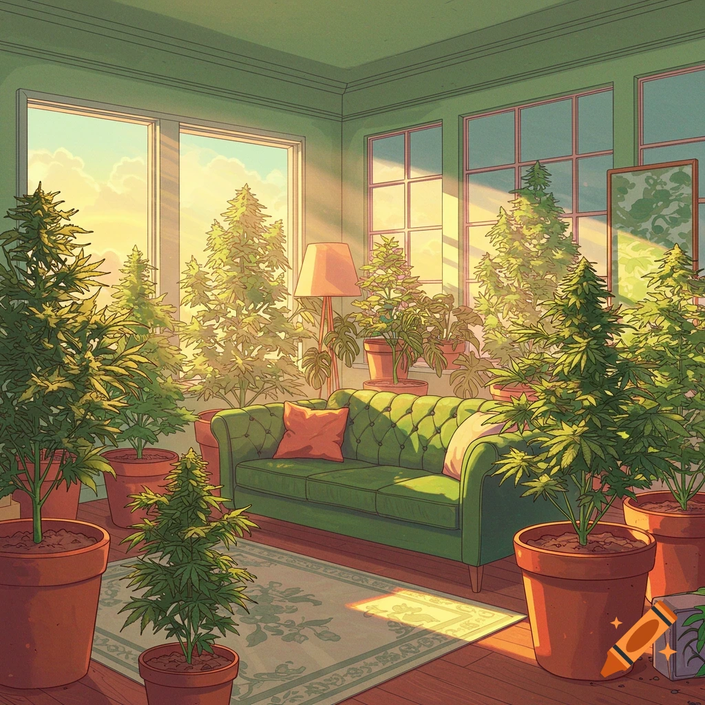 A green couch sits in a living room filled with large potted cannabis plants, bathed in sunlight from windows.