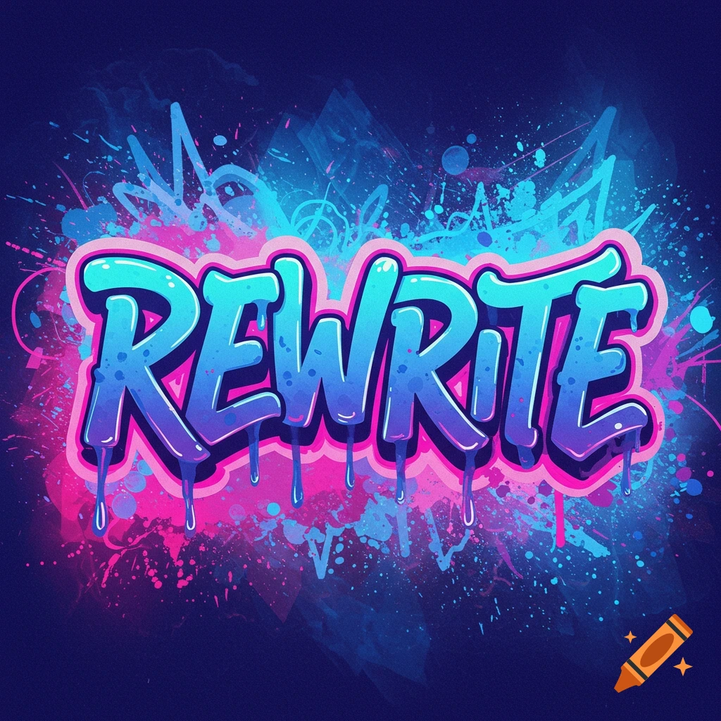 Stylized text 'REWRITE' in blue and pink neon bubble letters with drips and paint splatters on a dark background.