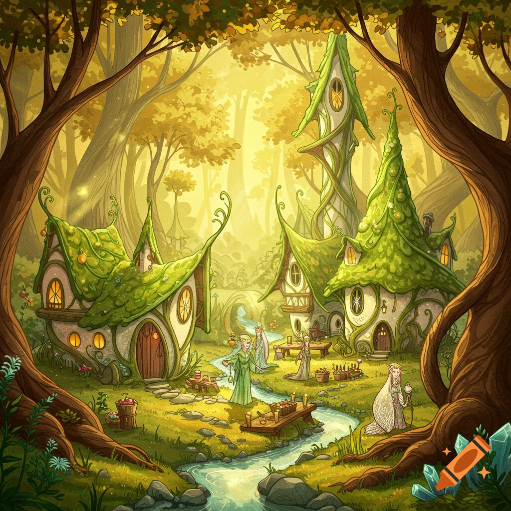 An elven village with ornate houses and figures nestled in a sunlit forest, in an art nouveau style.