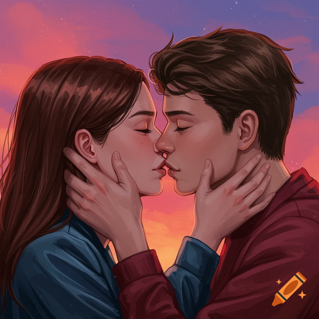 A couple kissing at sunset