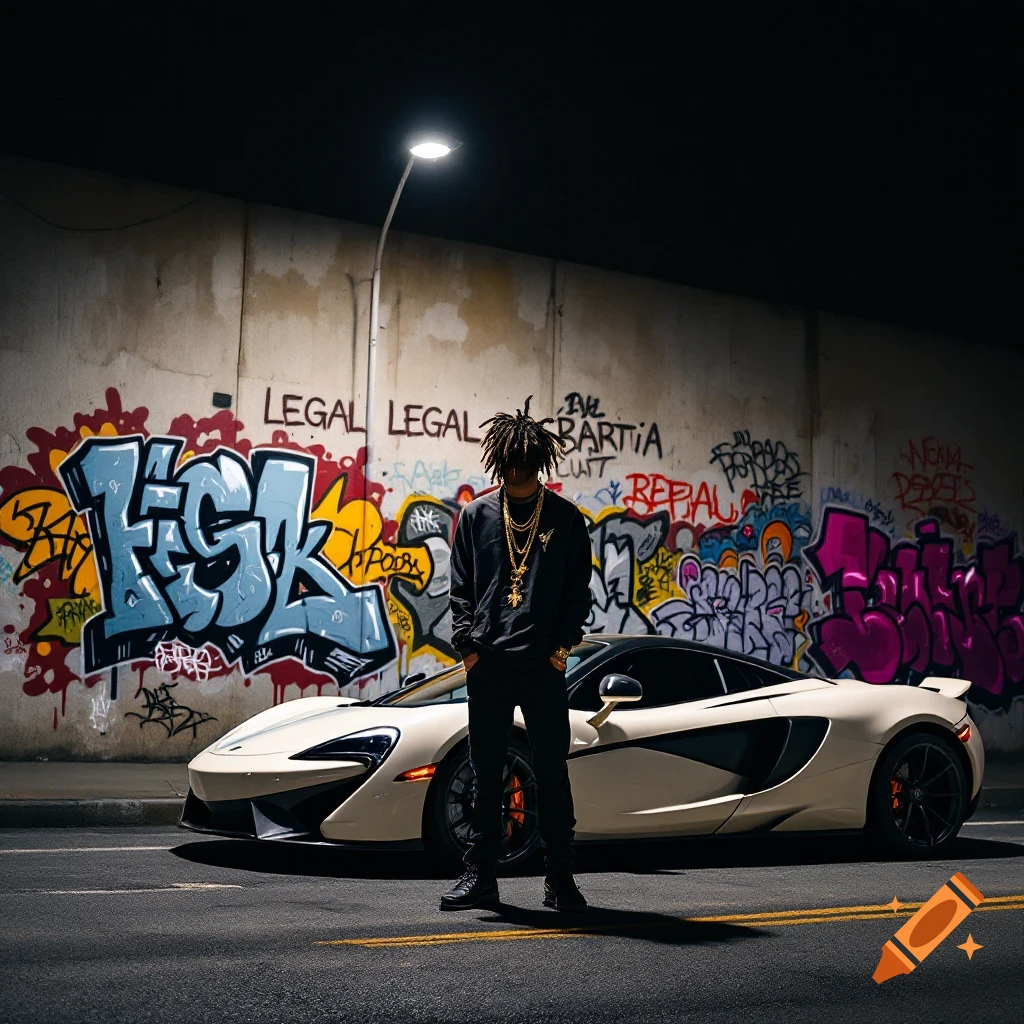 Person stands next to a white sports car in front of a graffiti-covered wall under a street light at night.