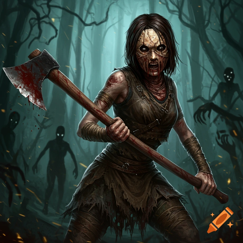 A masked, bloody figure holds a bloody axe in a dark, misty forest with shadowy figures in the background.