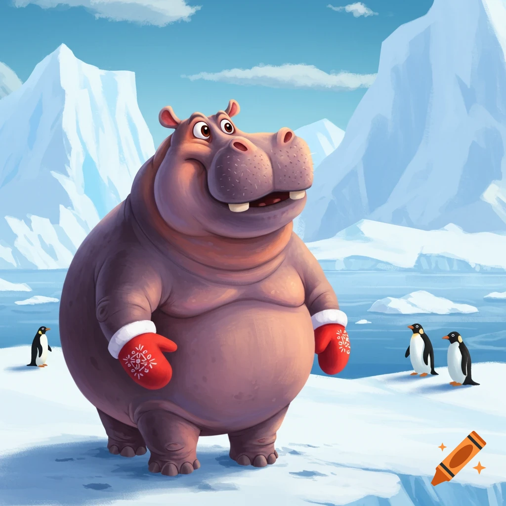 A cartoon hippo wearing mittens in an arctic landscape with penguins.