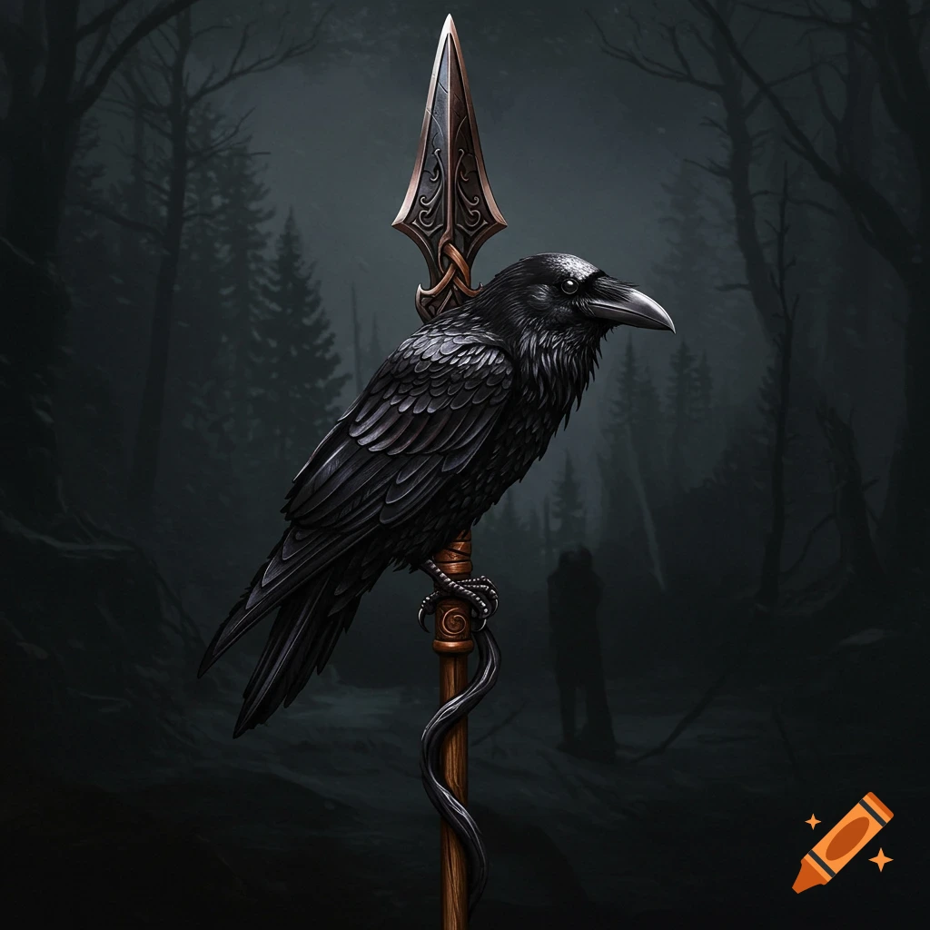 A black raven perches on an ornate spear in a dark forest.