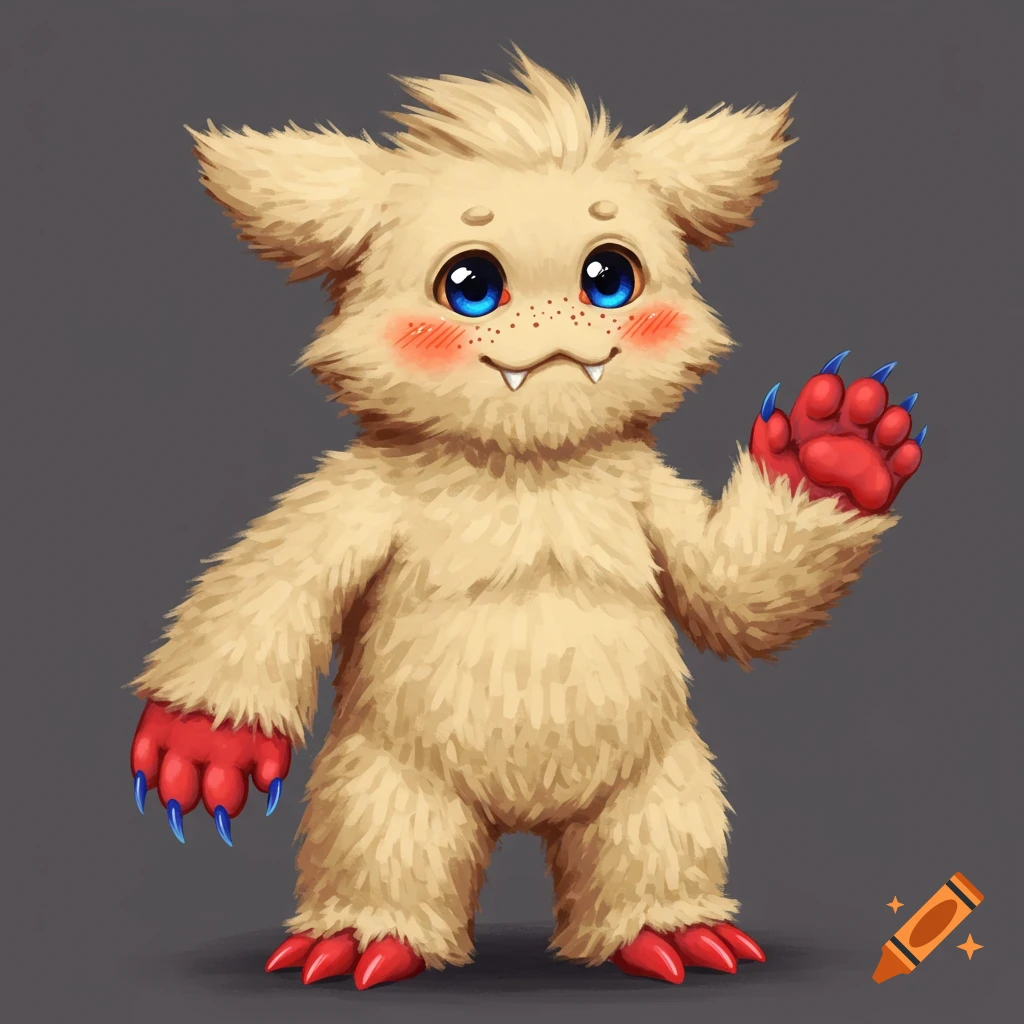 A cute, fluffy beige monster with red paws and blue claws, waving.