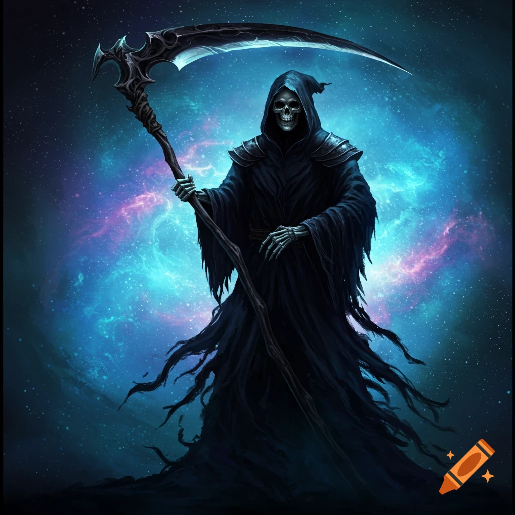 The Grim Reaper holds a scythe against a blue and purple cosmos background.