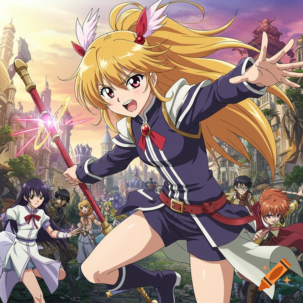 Anime style illustration of a blonde girl reaching forward, holding a glowing staff, with other characters and a fantasy city in the background.