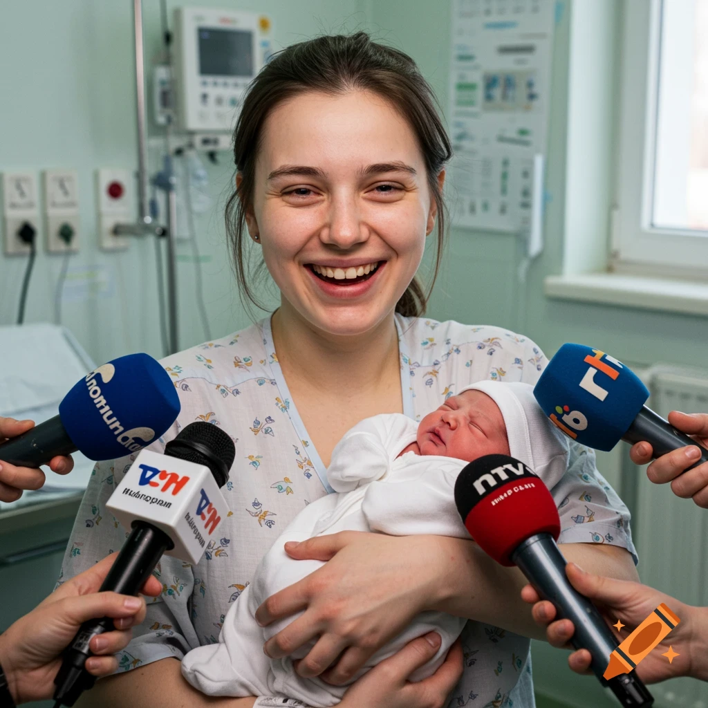 A beaming mother holds her newborn baby while surrounded by microphones in a hospital room.