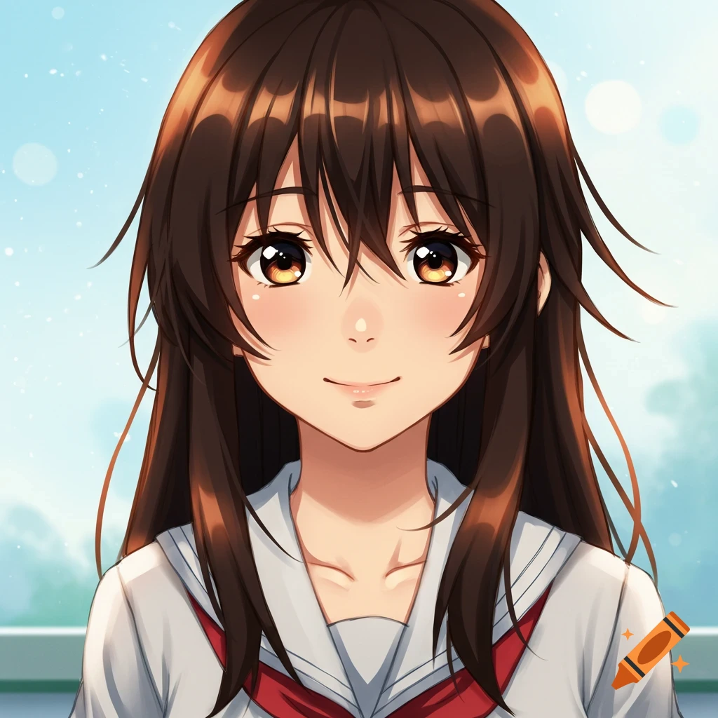 Close-up anime portrait of a girl with long brown hair, smiling while wearing a school uniform.