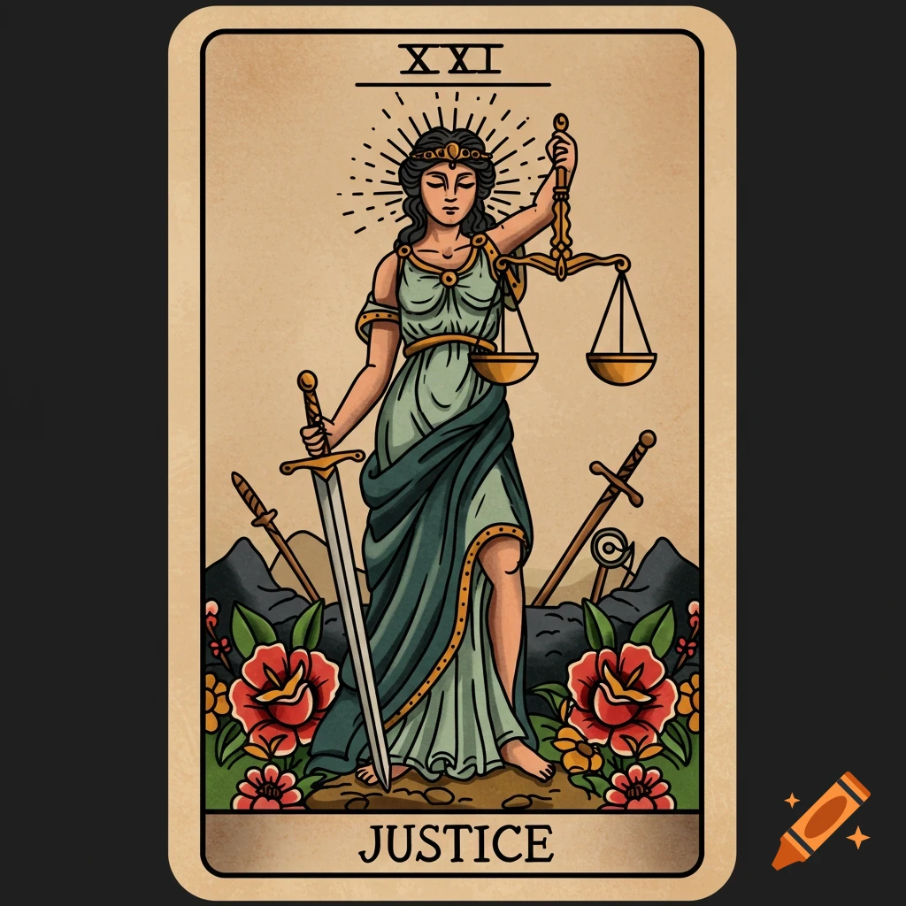 Illustration of the Justice tarot card in traditional tattoo art style.