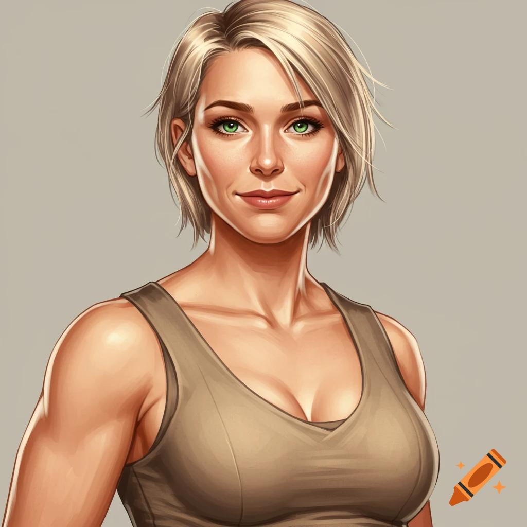 Digital portrait of a woman with short blonde hair, green eyes, and a tank top.
