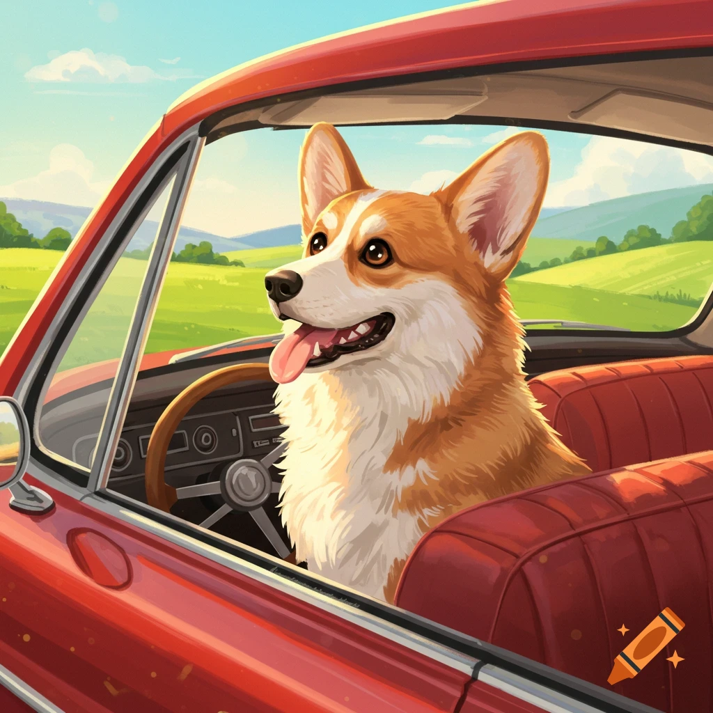 a corgi driving a red vintage car through a countryside landscape.