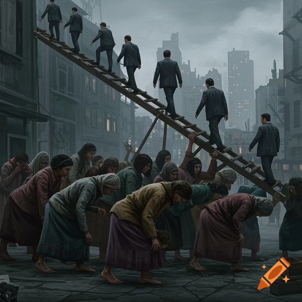 Men climb a ladder supported by women's backs in a bleak urban scene.