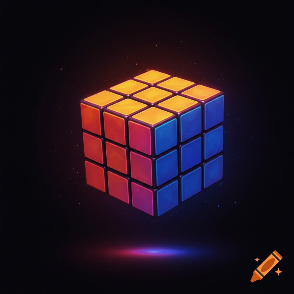 A glowing Rubik's cube floats in the dark.