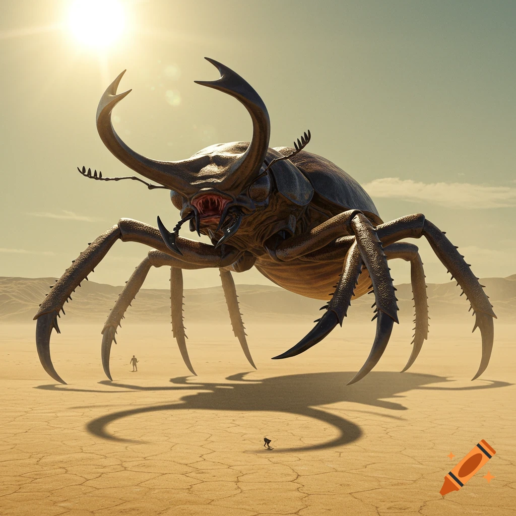 Gigantic beetle standing over tiny humans in a vast desert landscape.