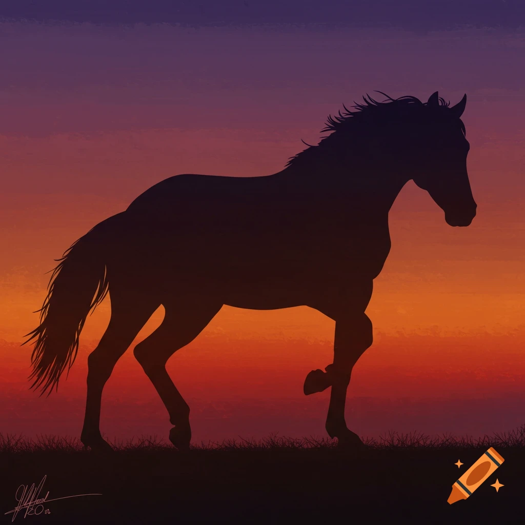 Silhouette of a horse standing in grass against a vibrant sunset sky.