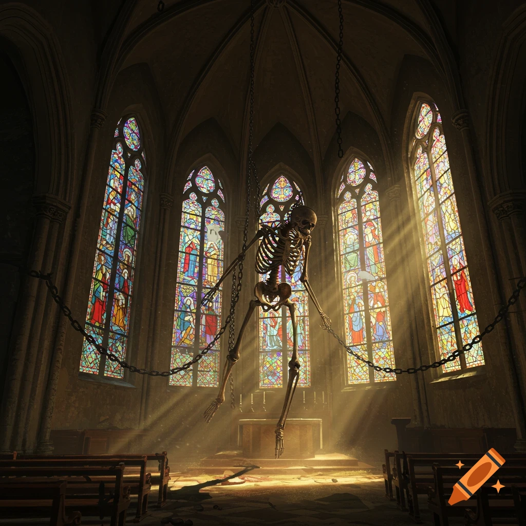 A skeleton dangles from chains in a dark church with sunbeams shining through stained glass windows.