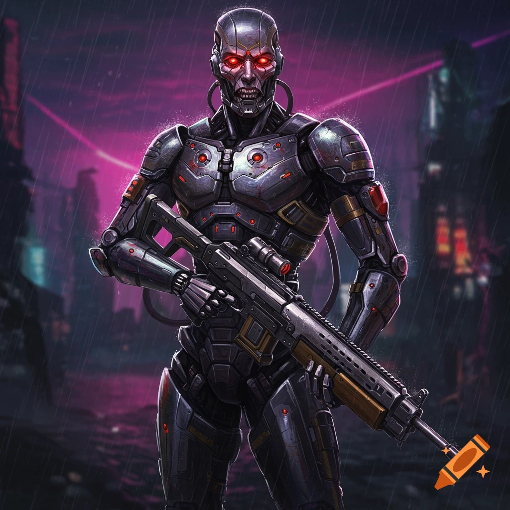 A cyborg holding a rifle in a rainy, neon-lit cyberpunk city.