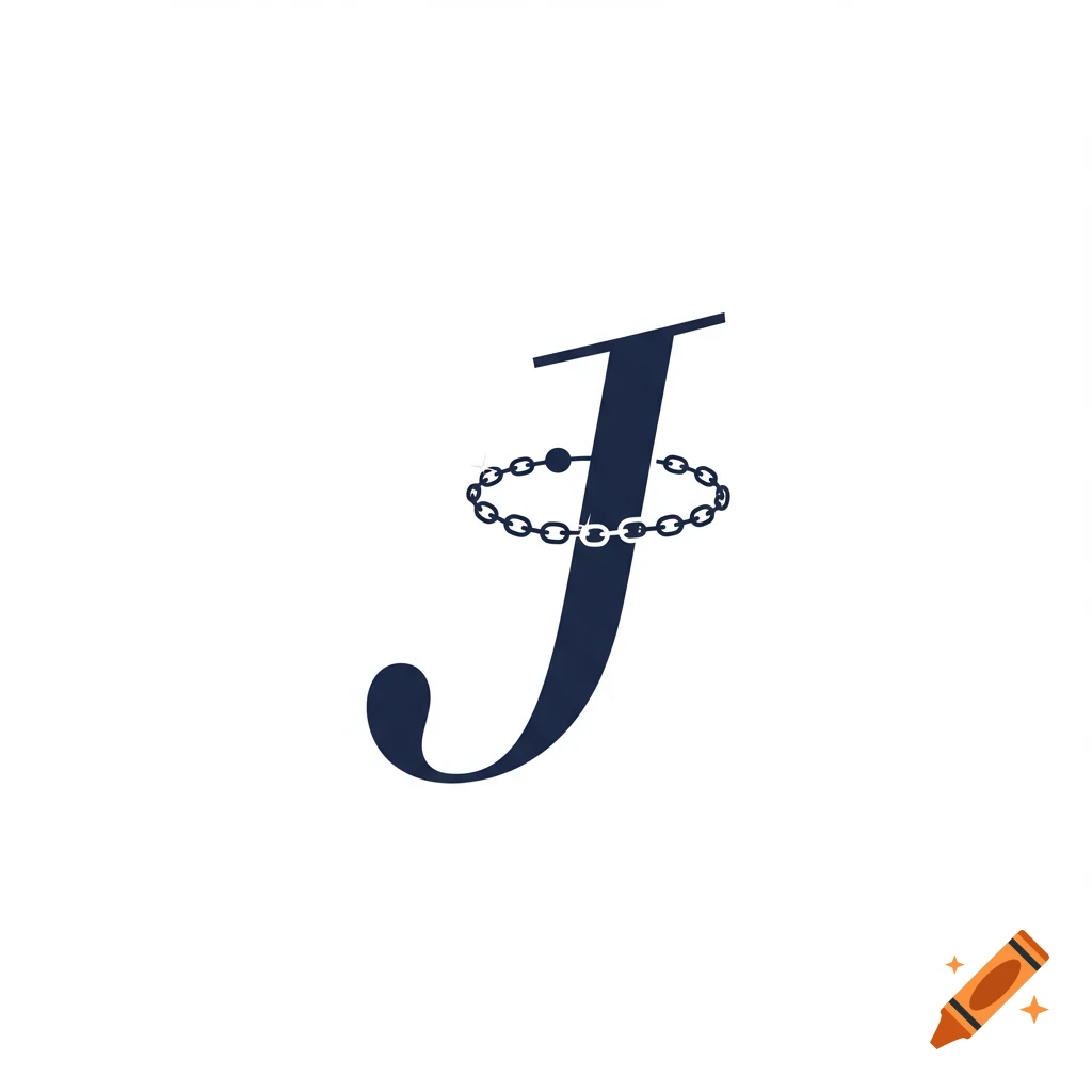Simple logo with a dark blue cursive J and a chain on white.