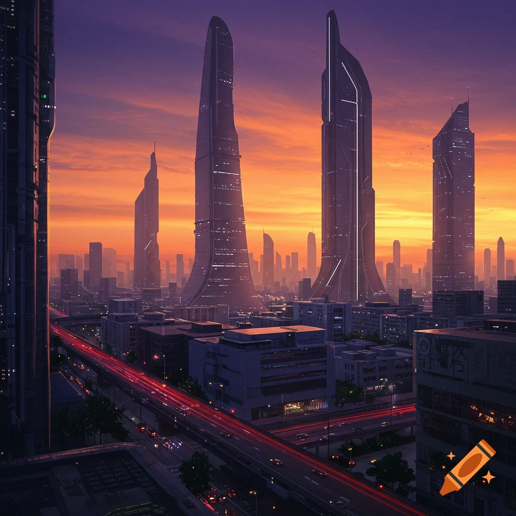 A futuristic city at sunset with curved skyscrapers and highway light trails.
