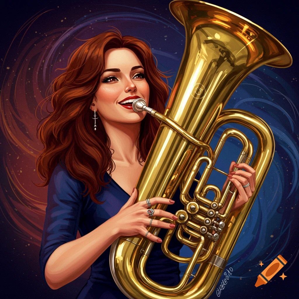 A smiling woman playing a brass tuba.