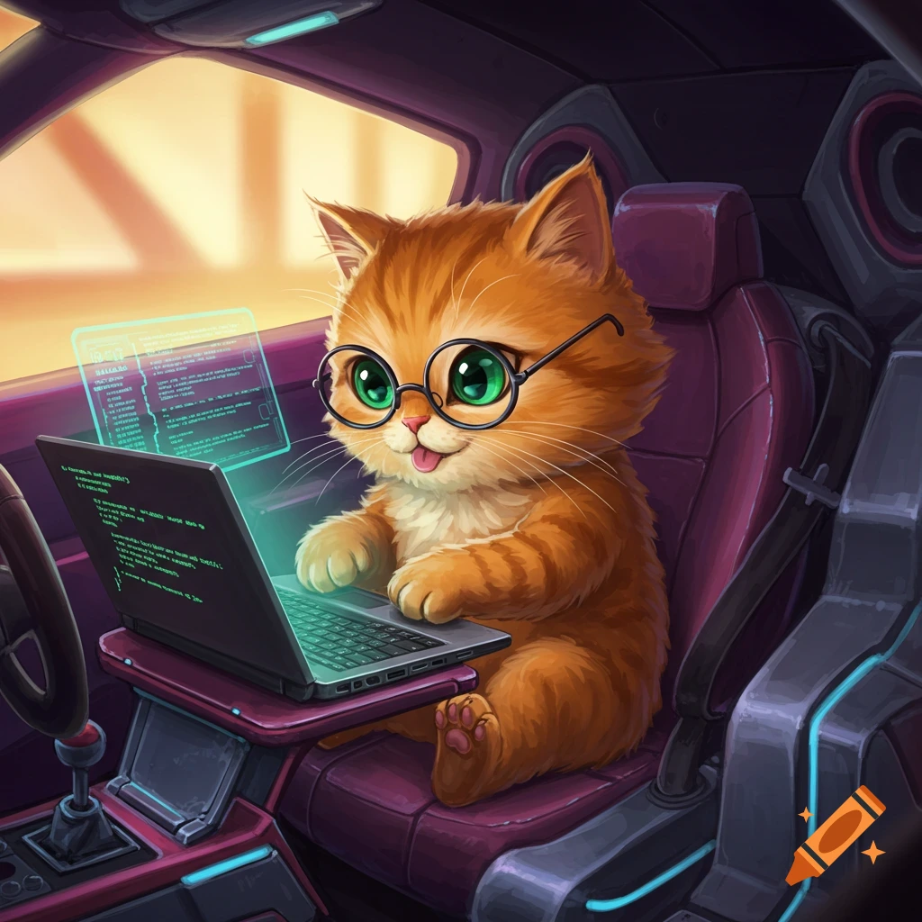 A cute orange cat with glasses sits in a car, typing on a laptop with glowing code.
