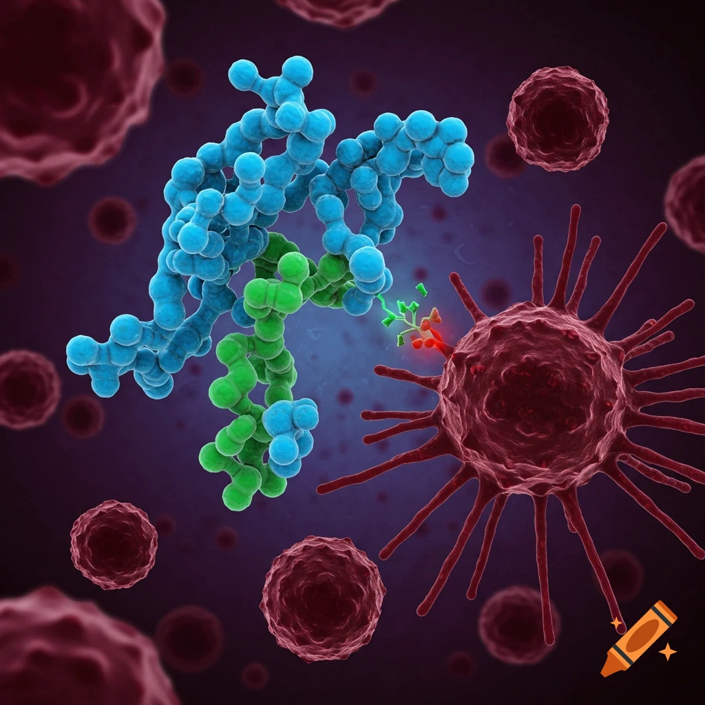 Digital illustration of a molecule interacting with a cell.