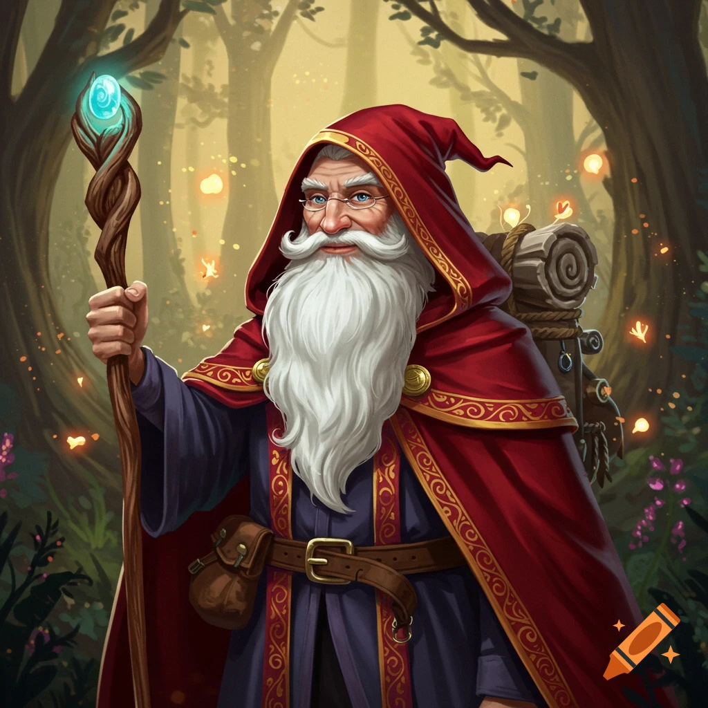 a wizard in a red cloak holding a staff in a forest.