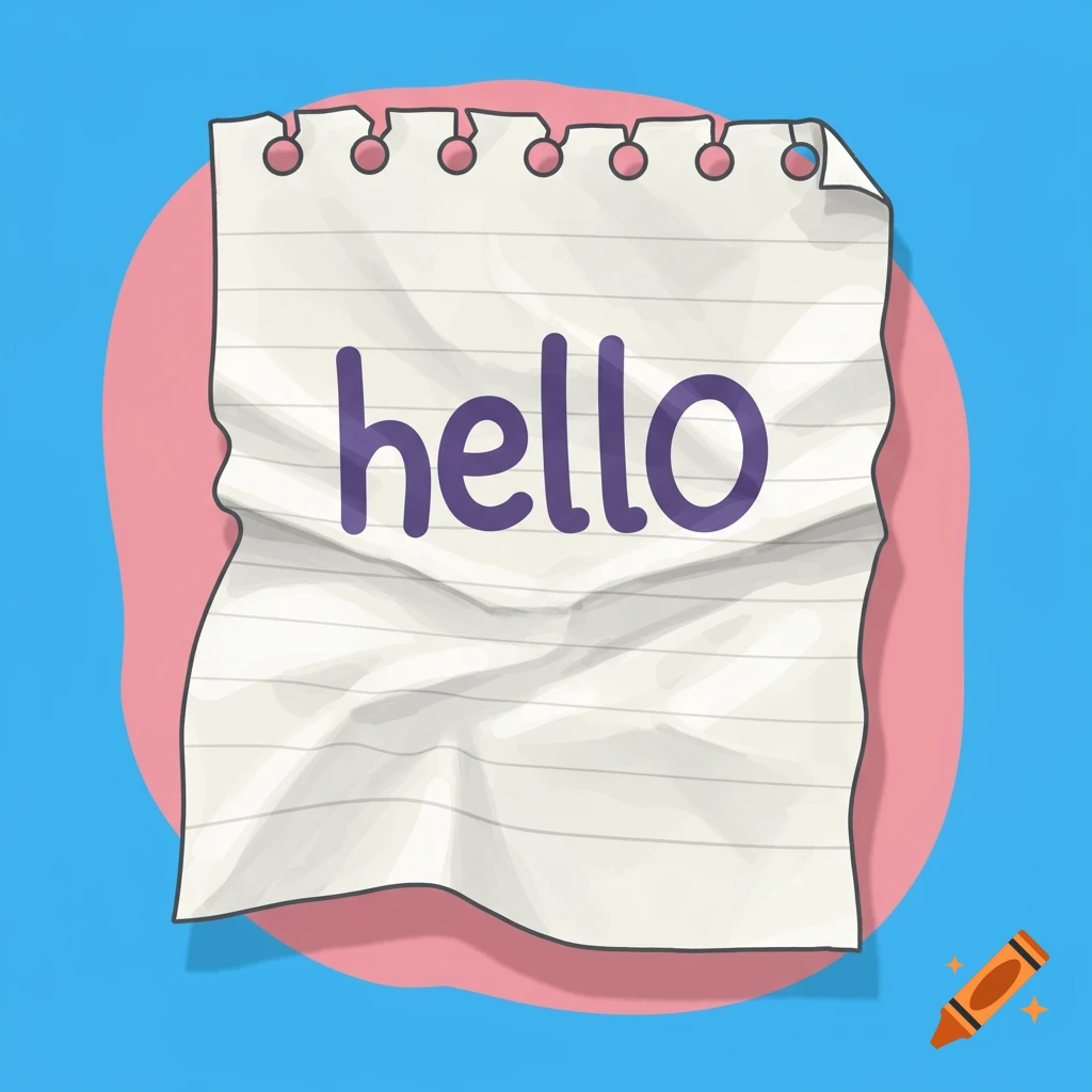 Cartoony lined paper with the word 'hello' written in purple, against a pink circle on a blue background