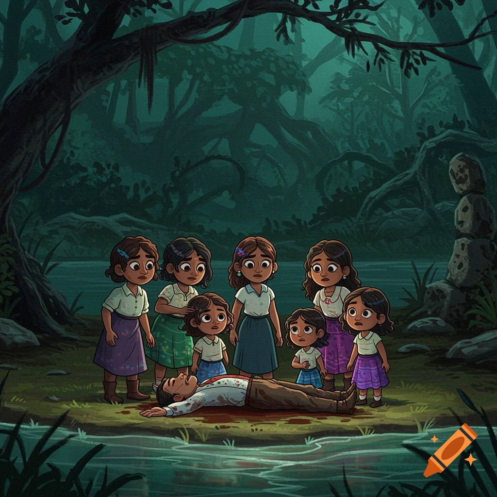 Stylized illustration of several young girls looking shocked at a dead man on a riverbank in a dark forest.