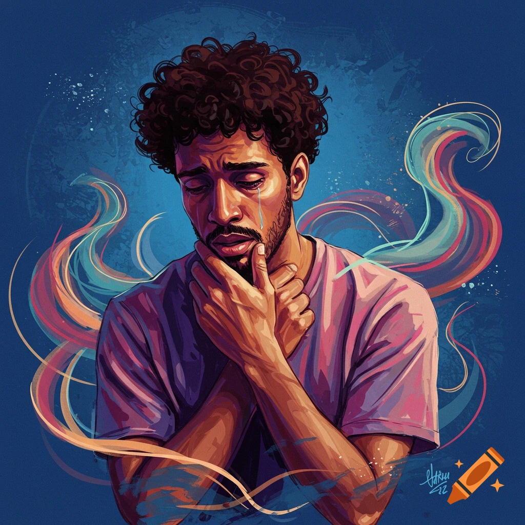 A man crying with colorful swirling shapes around him