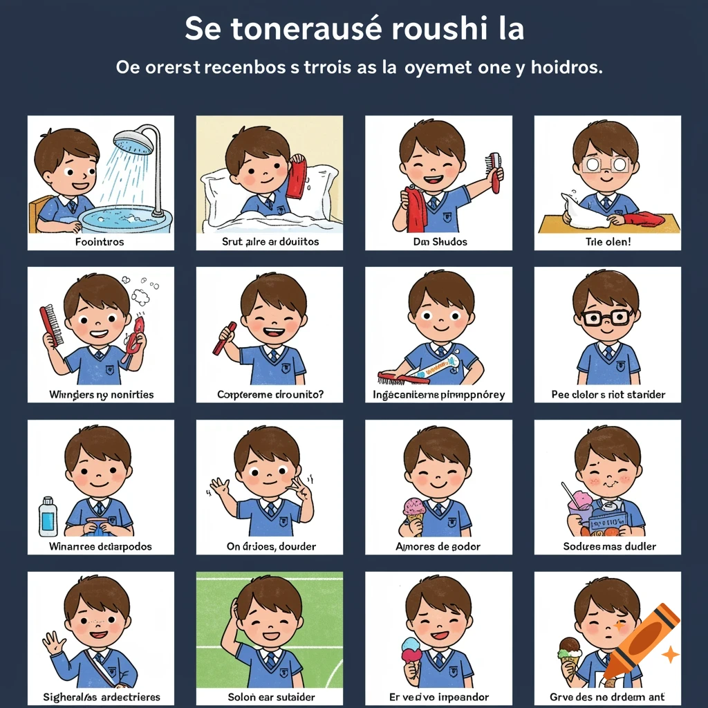 School Routine Comic Spanish Clipart boy's day in Spanish: daily routines, school, soccer game, and ...