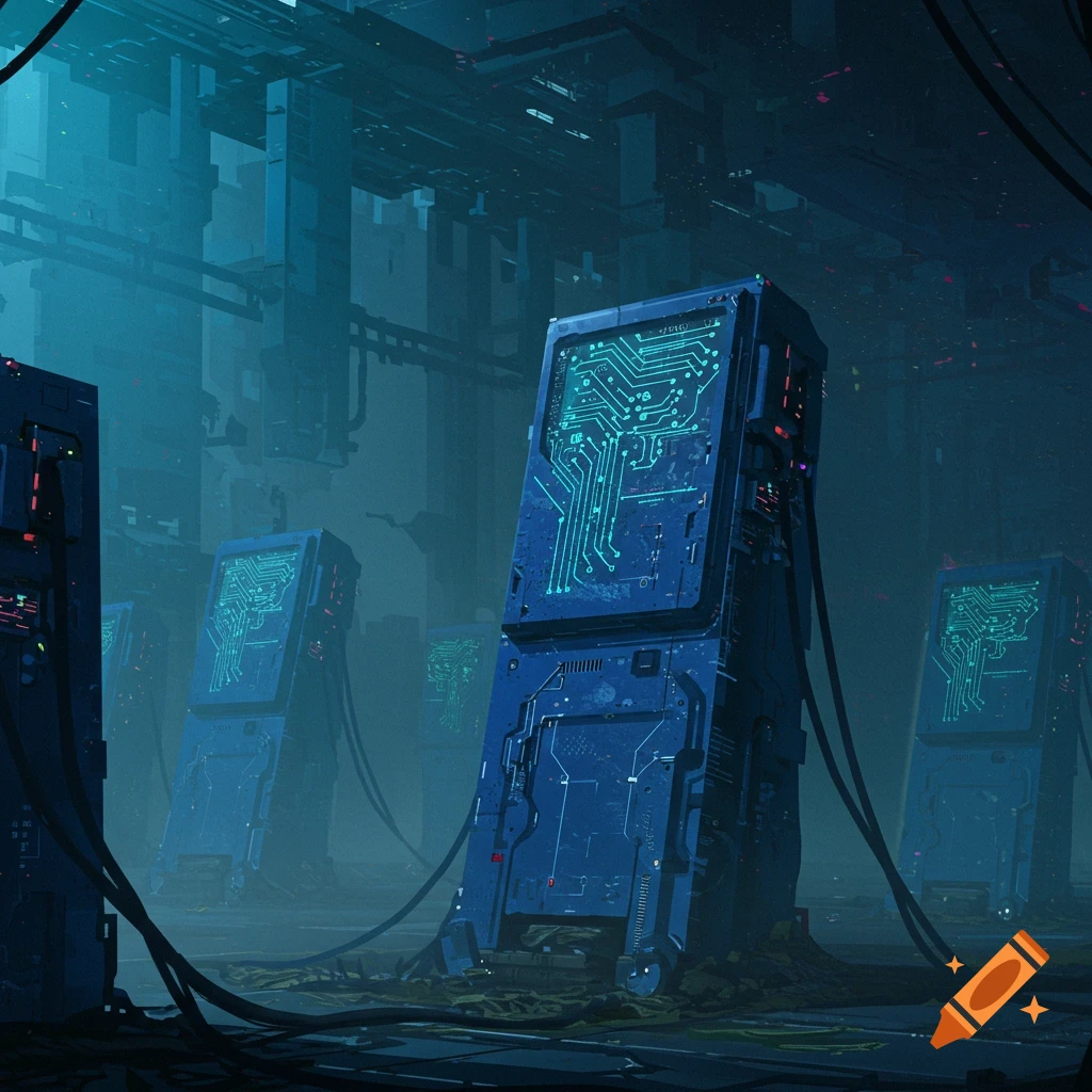 Futuristic blue machines with circuit patterns on screens in a dark, hazy environment.