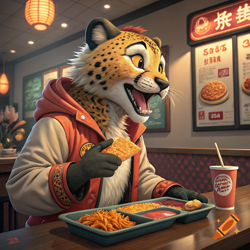 Anthropomorphic cheetah in hoodie eating fast food in a restaurant.