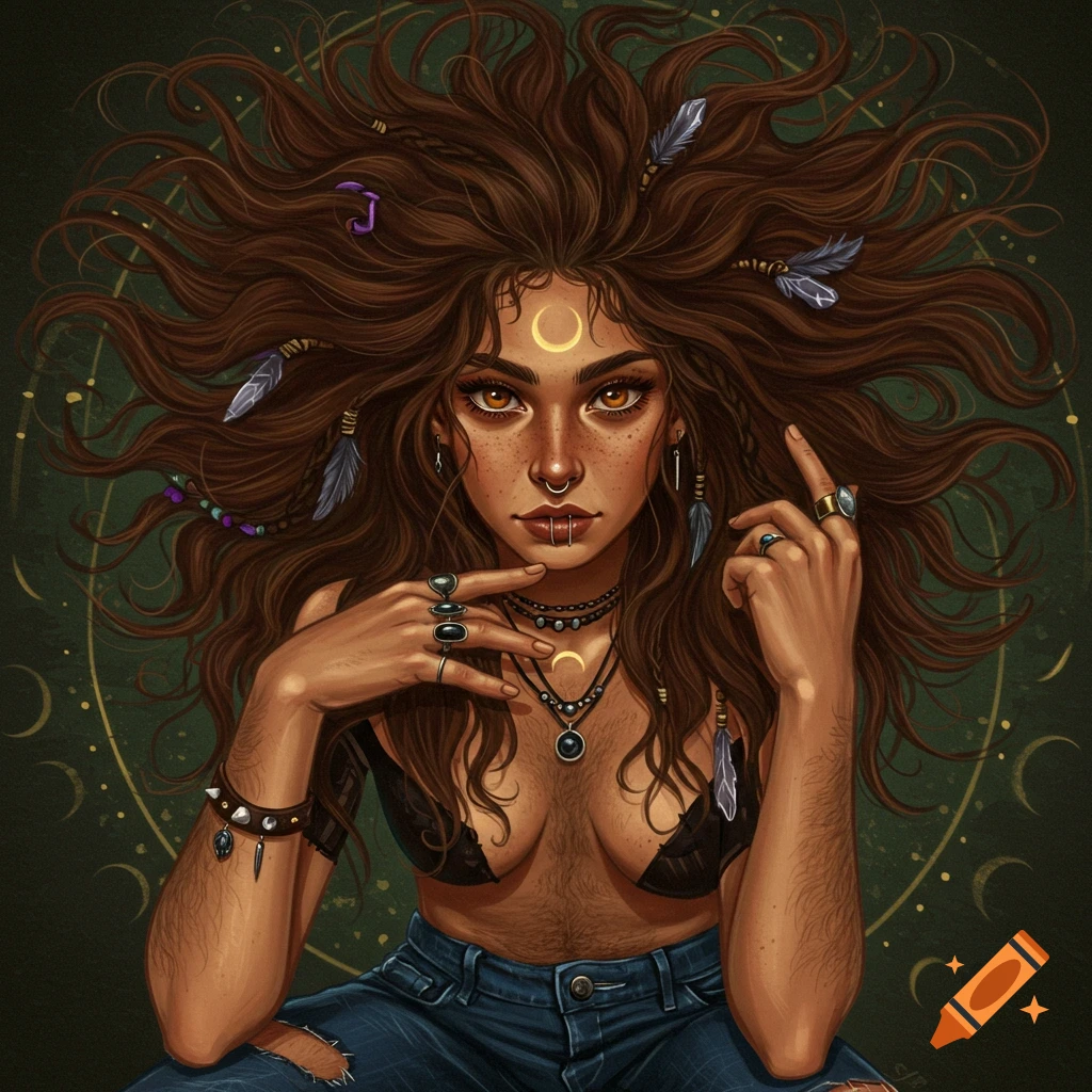 A woman with long brown hair, feathers, moon jewelry, and intense eyes in a whimsigoth style.