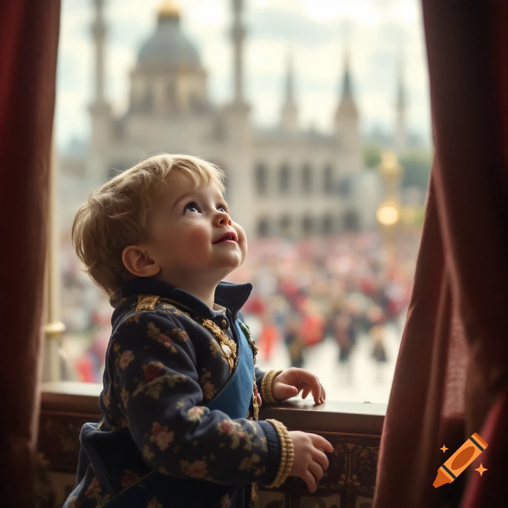 A young child in a royal outfit looks out a balcony window at a large crowd and building below.