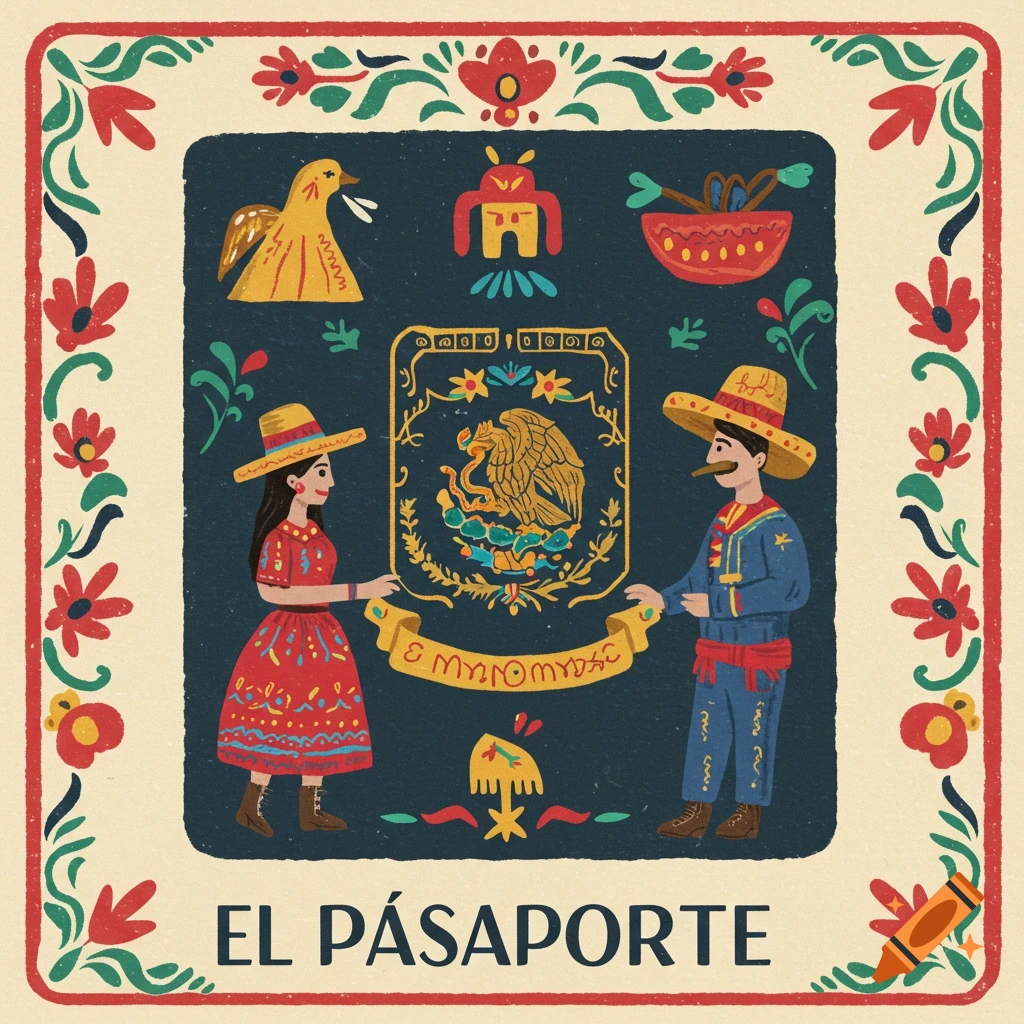 Folkloric illustration of a Mexican Loteria card titled El Pasaporte with people, symbols, and flowers.