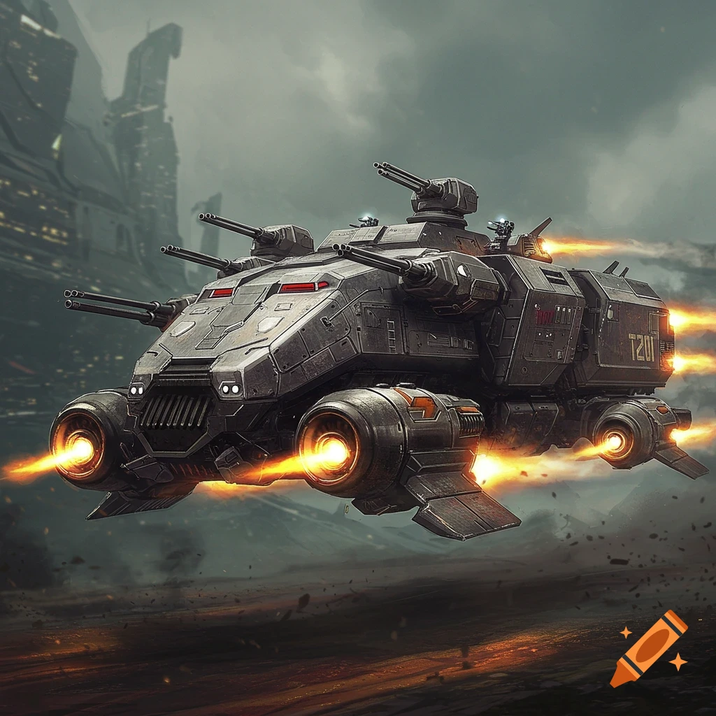 A futuristic armored hovering vehicle with multiple turrets and thrusters firing, against a dark sky and city background.