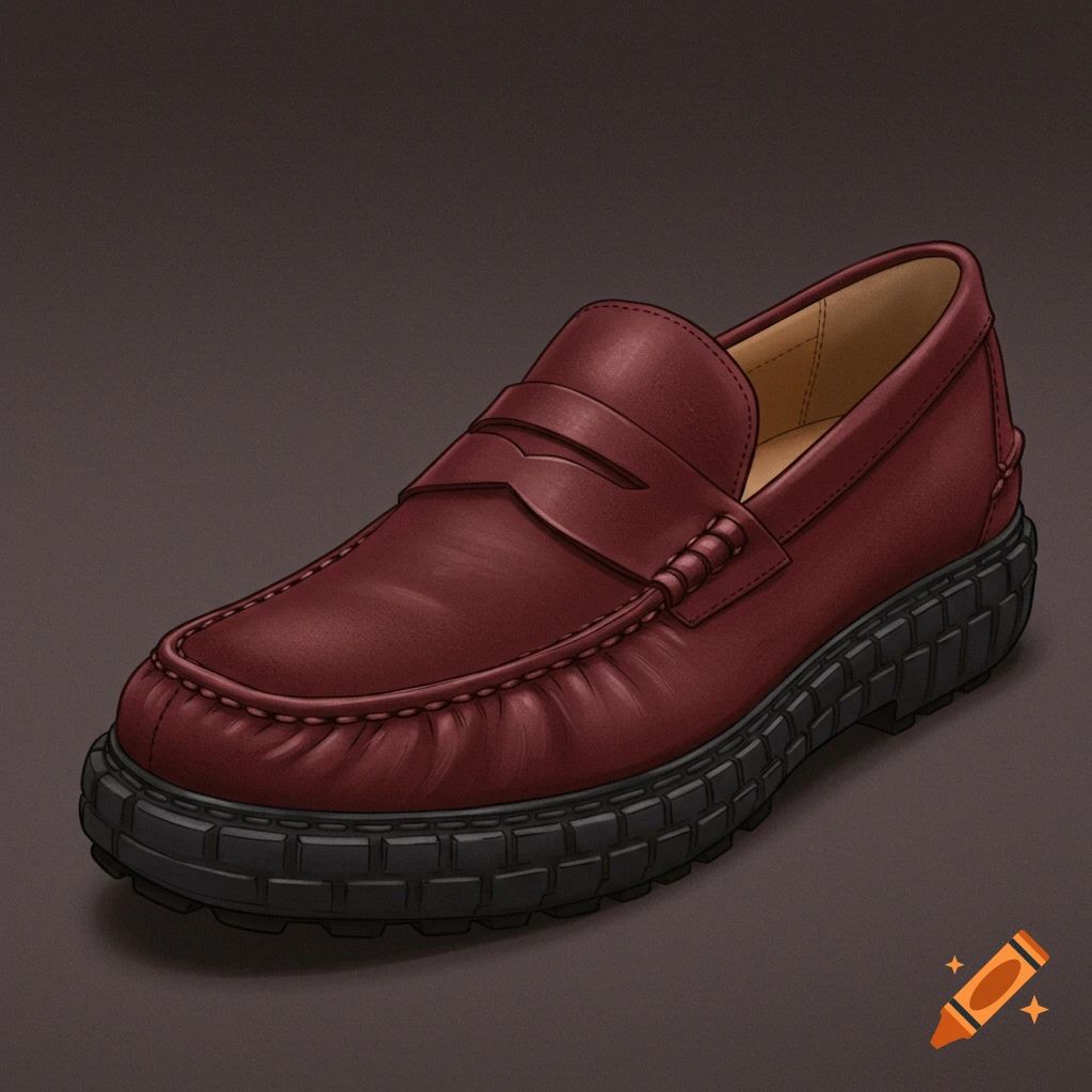 Dark red loafer with a black rubber sole.