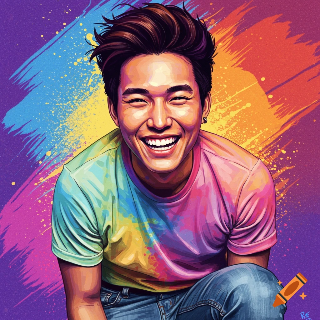 A happy man in a tie-dye shirt against a vibrant background.