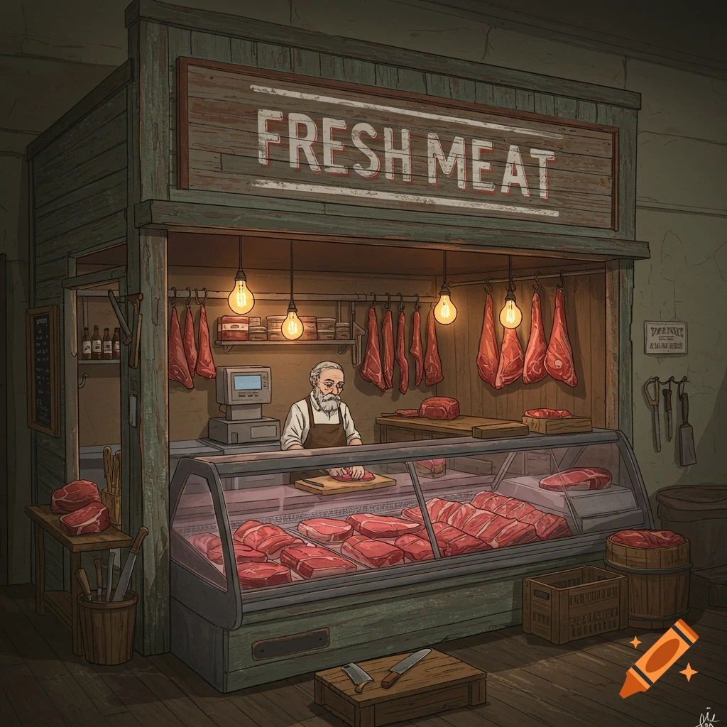 A man is working in a rustic butcher shop with meat hanging and in a display case.