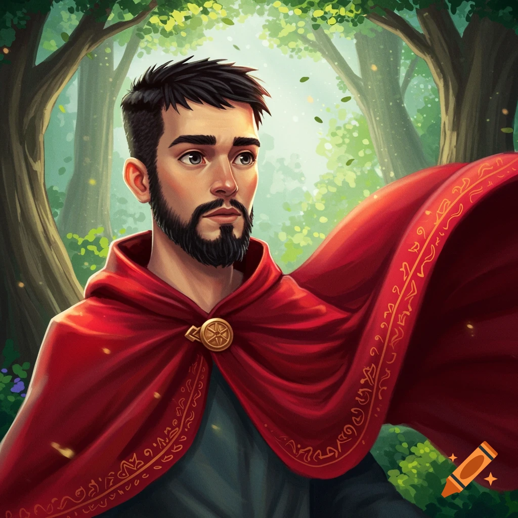 A young man in a red hooded cloak stands in a sunlit forest.