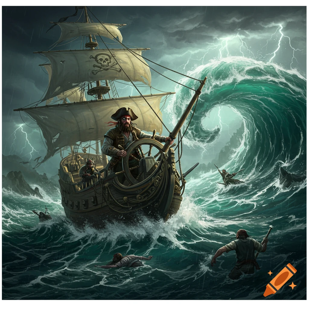 A pirate ship battles a hurricane with massive waves and lightning, people in the water.