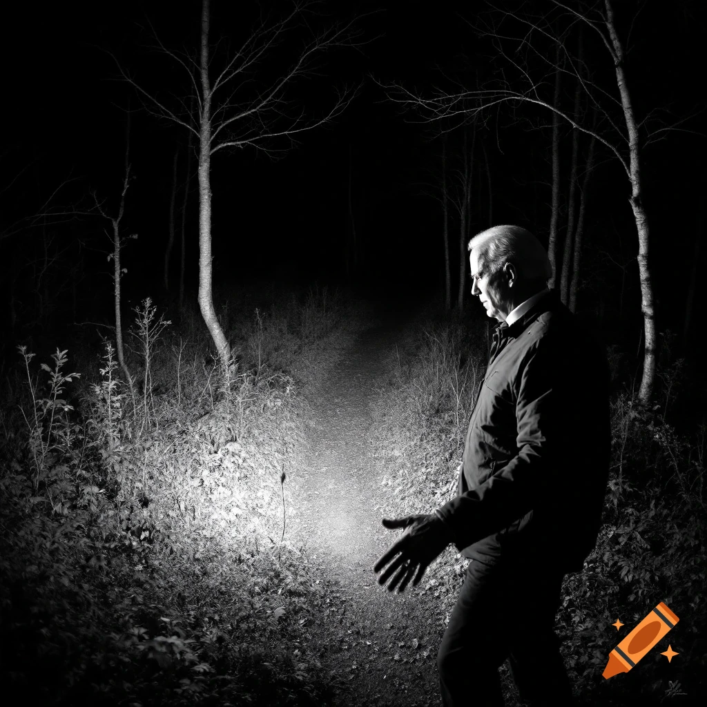 Black and white photo of Joe Biden in a dark forest at night, illuminated by a light source.