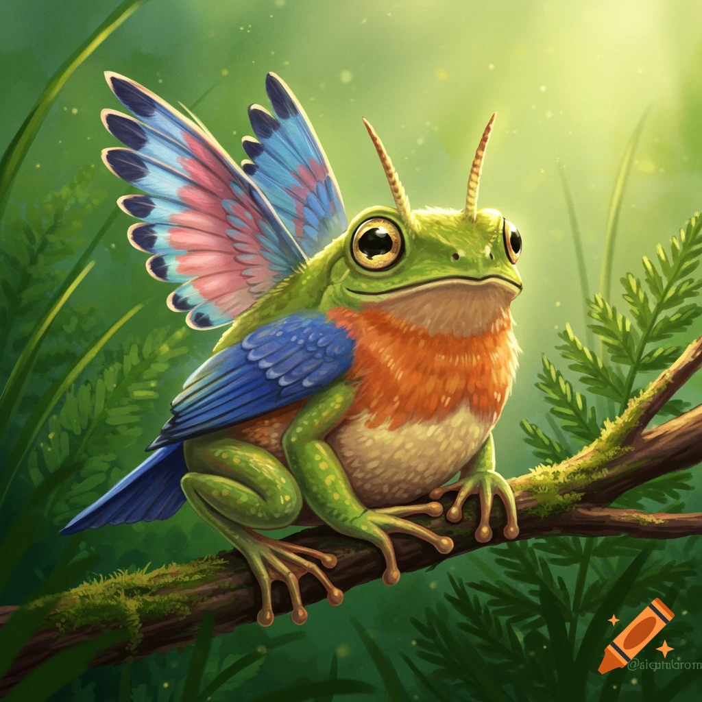 A Fantasy Frog Bird Hybrid Creature With Colorful Wings Sits On A