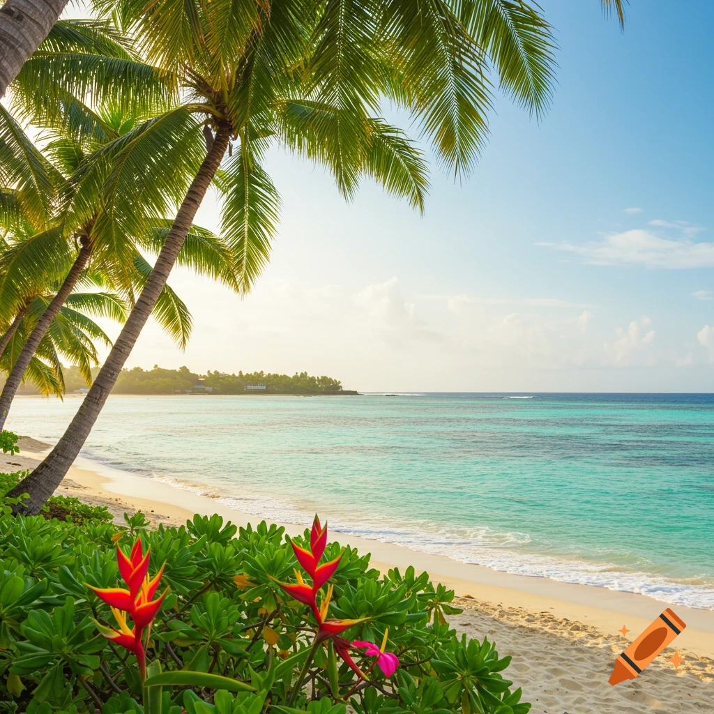 A tropical beach scene with palm trees leaning over white sand, clear turquoise water, and bright red and pink flowers in the foreground.