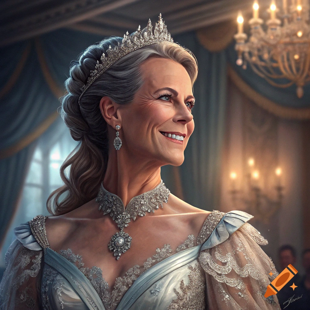 Portrait of a woman resembling Jamie Lee Curtis wearing a tiara and ornate jewelry in a royal setting.