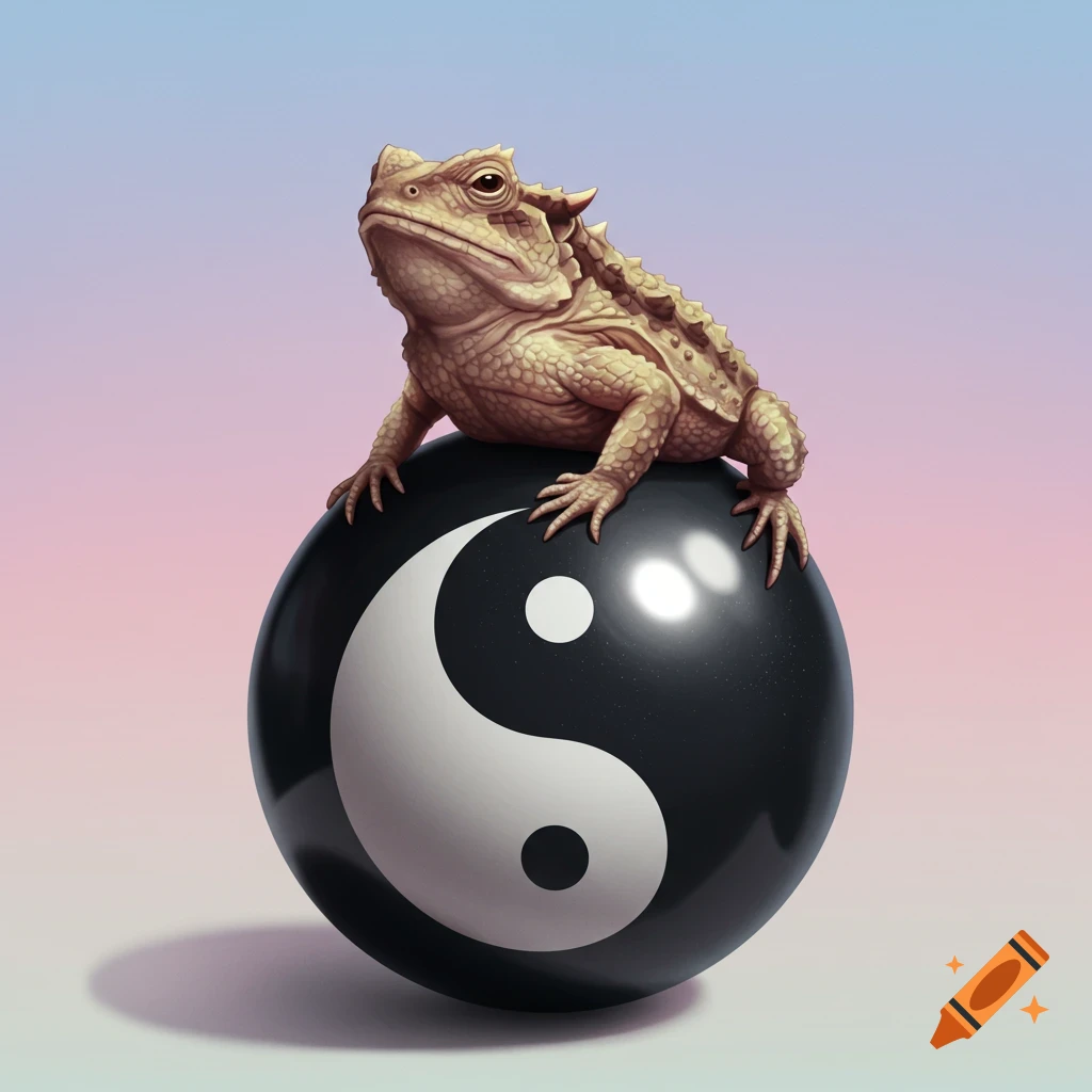 A horned toad sits atop a shiny black and white yin-yang bowling ball.