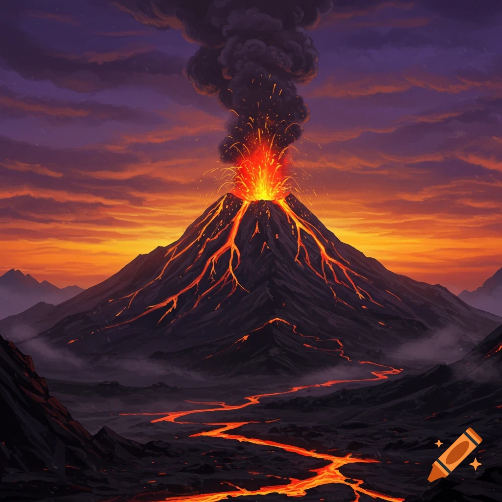 A volcano erupting with lava flowing down its sides at sunset.