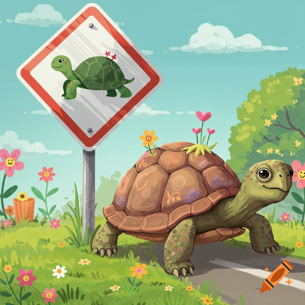 A cheerful turtle is walking near a turtle road sign in a field with colorful flowers.